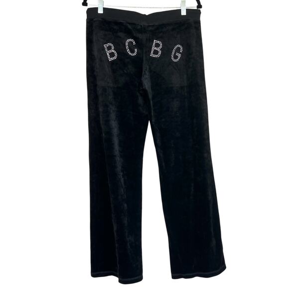 Y2K BCBGmaxazria Velour Rhinestone Logo Straight Leg Pants Black Size Large - Picture 1 of 8